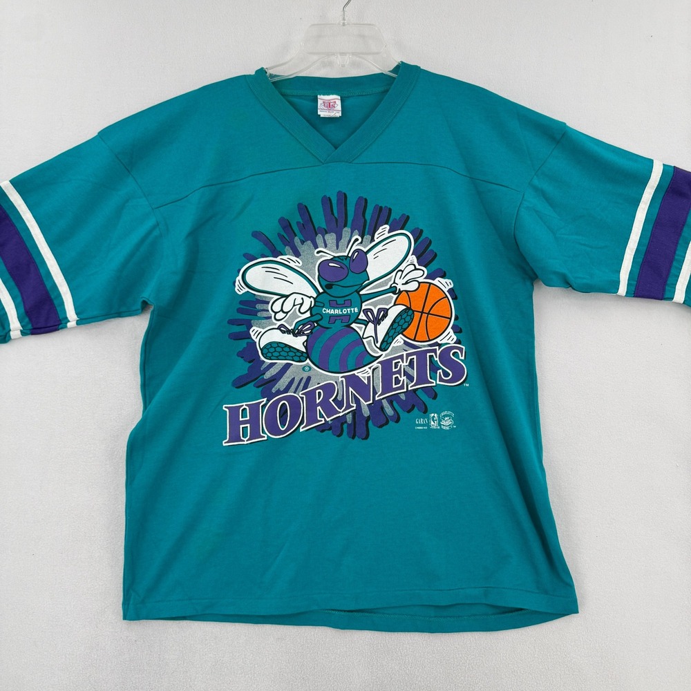 GTS Charlotte Hornets V-Neck Shirt Mens XL Teal Vintage 90s Graphic Jersey